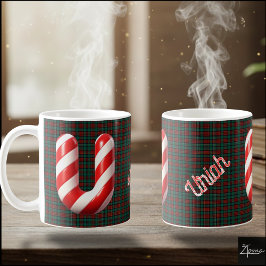 Glossy Candy Cane Striped Christmas Letter U Koffiemok