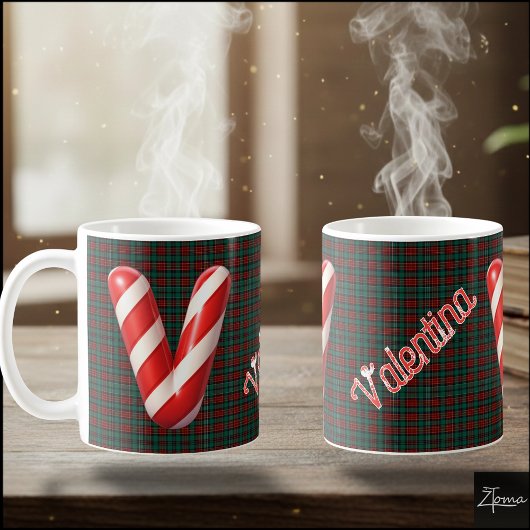 Glossy Candy Cane Striped Christmas Letter V Koffiemok