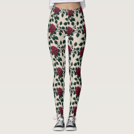 Glossy Crimson Roses With Dark Green Leaves Leggings