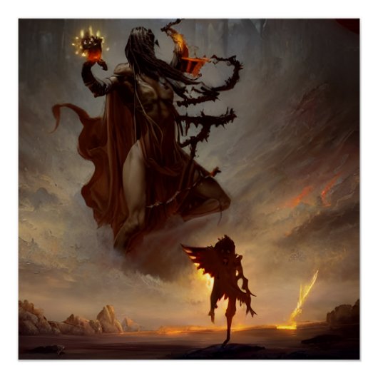 Glossy Fantasy Poster met Warrior & Dark Beast (Voorkant)