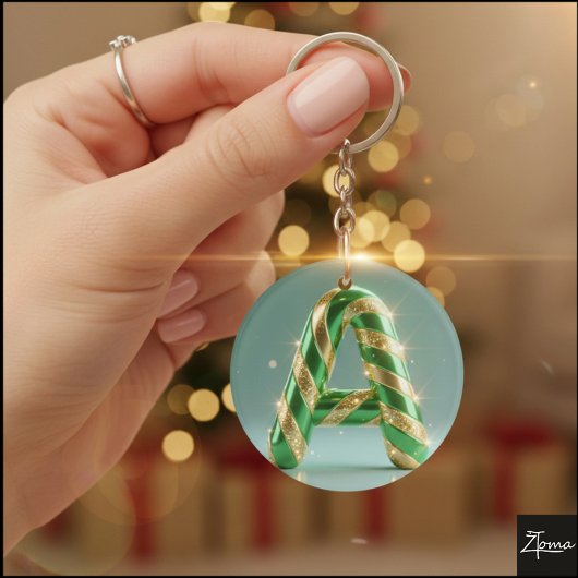 Glossy Green Gold Glitter Striped Letter A Sleutelhanger