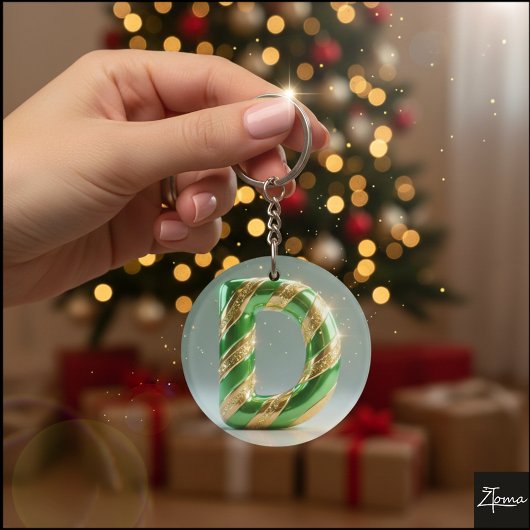 Glossy Green Gold Glitter Striped Letter D Sleutelhanger