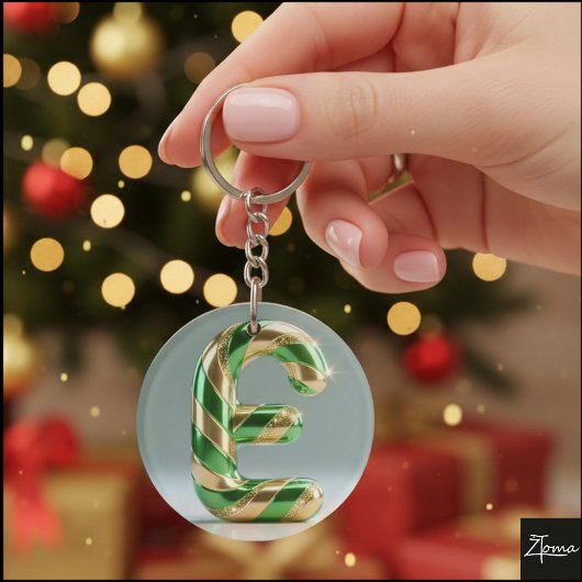 Glossy Green Gold Glitter Striped Letter E Sleutelhanger