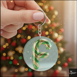 Glossy Green Gold Glitter Striped Letter F Sleutelhanger