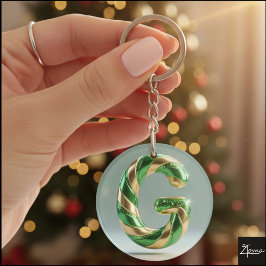 Glossy Green Gold Glitter Striped Letter G Sleutelhanger