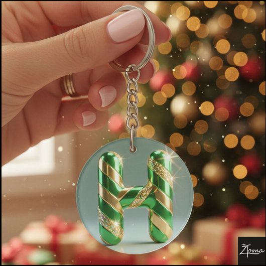 Glossy Green Gold Glitter Striped Letter H Sleutelhanger
