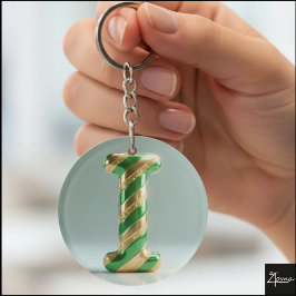 Glossy Green Gold Glitter Striped Letter I Sleutelhanger