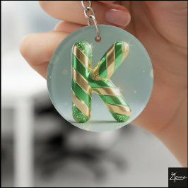 Glossy Green Gold Glitter Striped Letter K Sleutelhanger