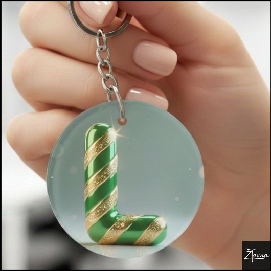Glossy Green Gold Glitter Striped Letter L Sleutelhanger