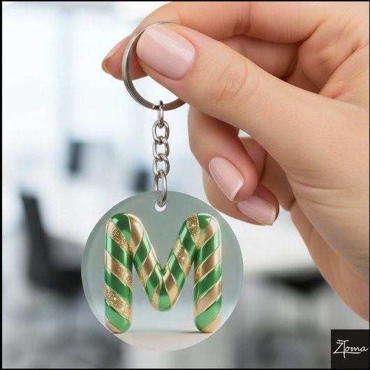 Glossy Green Gold Glitter Striped Letter M Sleutelhanger
