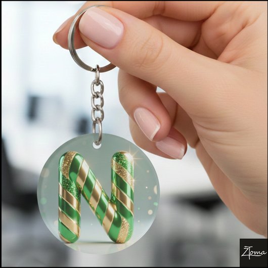 Glossy Green Gold Glitter Striped Letter N Sleutelhanger
