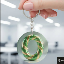 Glossy Green Gold Glitter Striped Letter O Sleutelhanger