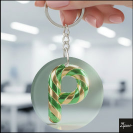 Glossy Green Gold Glitter Striped Letter P Sleutelhanger