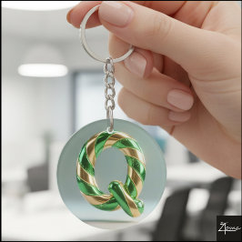 Glossy Green Gold Glitter Striped Letter Q Sleutelhanger