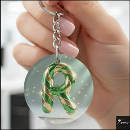 Glossy Green Gold Glitter Striped Letter R Sleutelhanger