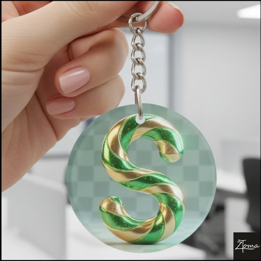 Glossy Green Gold Glitter Striped Letter S Sleutelhanger