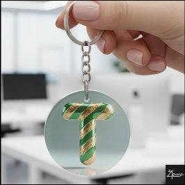 Glossy Green Gold Glitter Striped Letter T Sleutelhanger