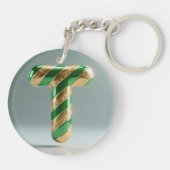 Glossy Green Gold Glitter Striped Letter T Sleutelhanger (Achterkant)