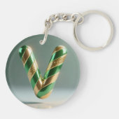 Glossy Green Gold Glitter Striped Letter V Sleutelhanger (Achterkant)