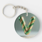 Glossy Green Gold Glitter Striped Letter V Sleutelhanger (Voorkant)