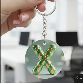Glossy Green Gold Glitter Striped Letter X Sleutelhanger