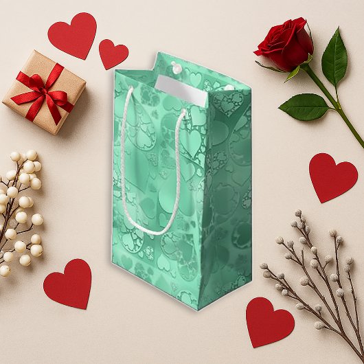 Glossy Green Romantic Hearts Pattern Klein Cadeauzakje