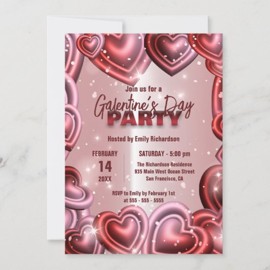 Glossy Hearts met Sparkles Galentine’s Day Party Kaart (Voorkant)