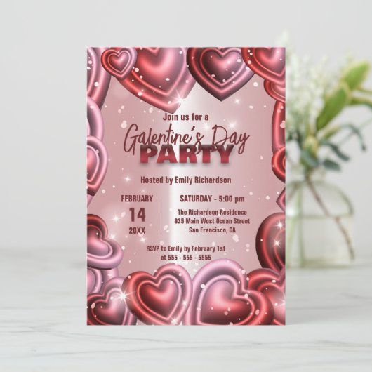Glossy Hearts met Sparkles Galentine’s Day Party Kaart (Staand voorkant)