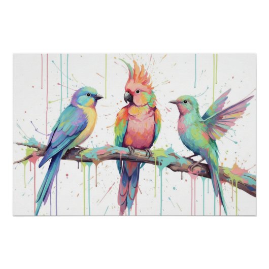 Glossy Poster of three pastel coloured birds (Voorkant)