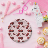 Glossy Red Cherries Pink Retro Party Papieren Bordje (Feest)
