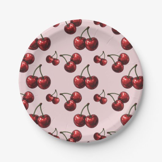Glossy Red Cherries Pink Retro Party Papieren Bordje (Voorkant)