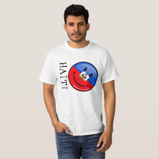Glossy Ronde glimlachend Haïtiaanse vlag T-shirt (Voorkant volledig)