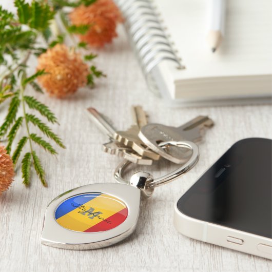 Glossy Round Roemeense vlag Sleutelhanger (Zijkant)
