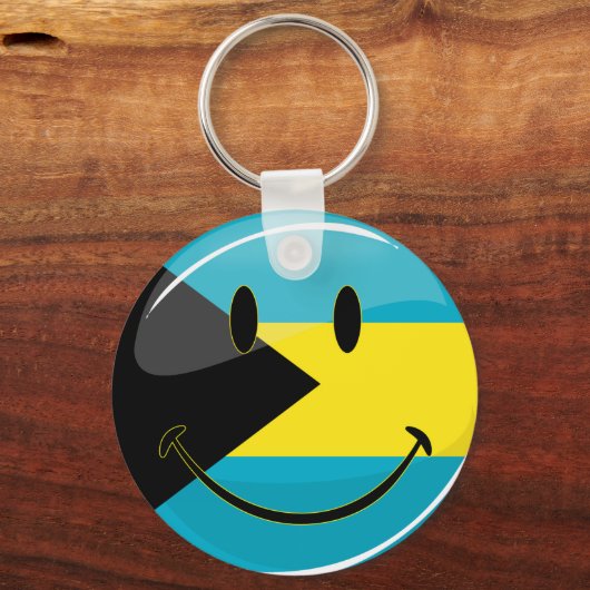 Glossy Round Smiling Bahamain Flag Sleutelhanger (Voorkant)