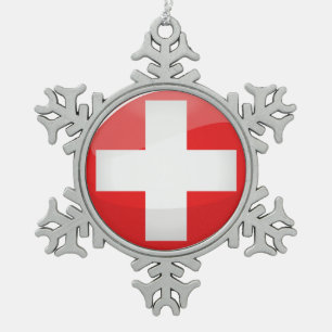 Glossy Round Swiss Flag Tin Sneeuwvlok Ornament