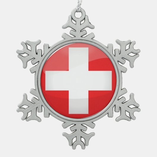 Glossy Round Swiss Flag Tin Sneeuwvlok Ornament (Voorkant)