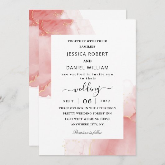 Glossy roze marmeren bruiloft kaart (Voorkant / Achterkant)