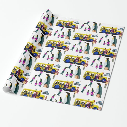 Glossy Wrapping Paper, Back to School Penguin Bus Cadeaupapier (Uitgerold)