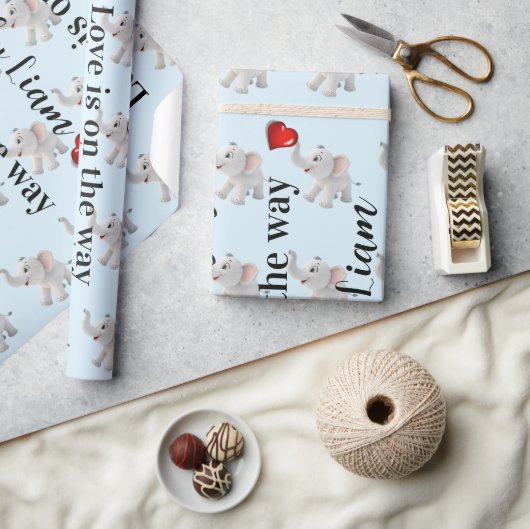 Glossy Wrapping Paper Blue Elephant Red Hearts  Cadeaupapier (Crafts)