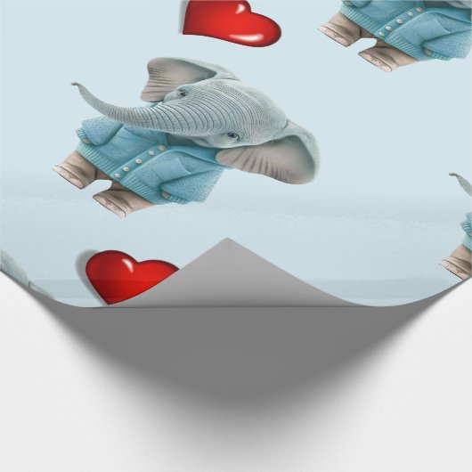 Glossy Wrapping Paper Blue Elephant Red Hearts Cadeaupapier (Hoek)
