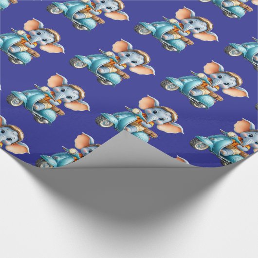 Glossy Wrapping Paper Blue Elephant Scooter Cadeaupapier (Hoek)
