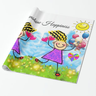 Glossy Wrapping Paper, Girl Sun Balloons Floral Cadeaupapier