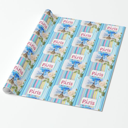 Glossy Wrapping Paper, Paris France Blue Stripe Cadeaupapier (Uitgerold)