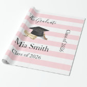 Glossy Wrapping Paper Pink Stripe Graduate 2026 Cadeaupapier (Uitgerold)
