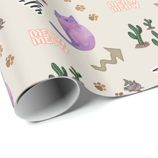 Glossy Wrapping Papier Kat Vis Cactus Meow Paws (Rol Hoek)
