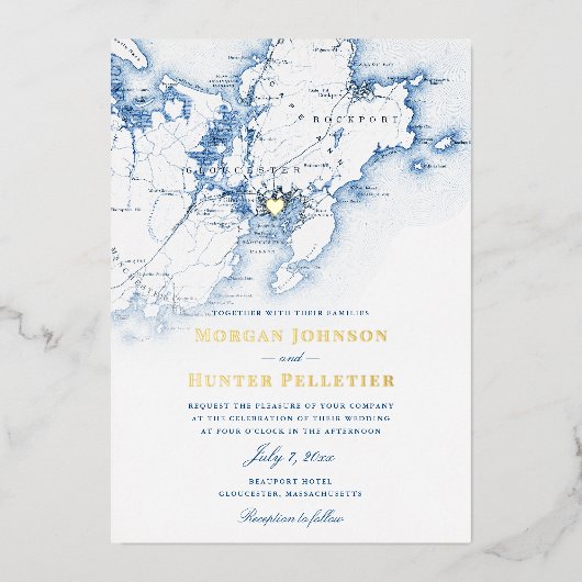 Gloucester Cape Ann Bruiloft Elegante Marine en Go Folie Uitnodiging (Voorkant)