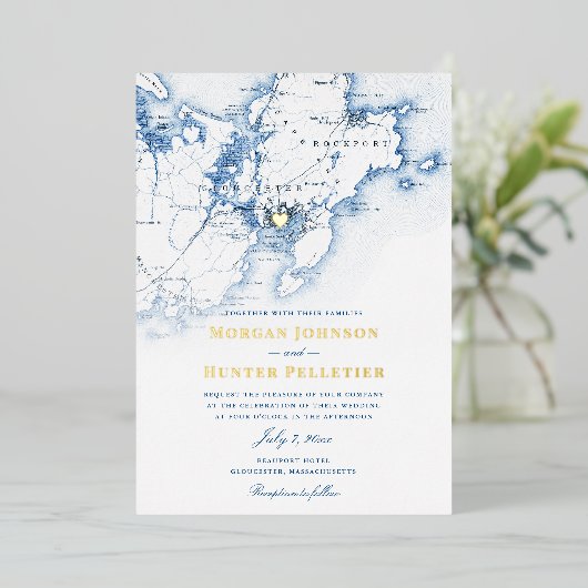 Gloucester Cape Ann Bruiloft Elegante Marine en Go Folie Uitnodiging (Staand Voorkant)