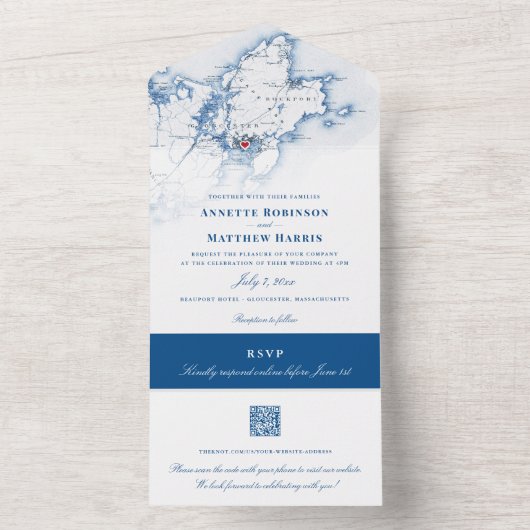 Gloucester Cape Ann Kaart Elegant Navy Wedding (Binnen)