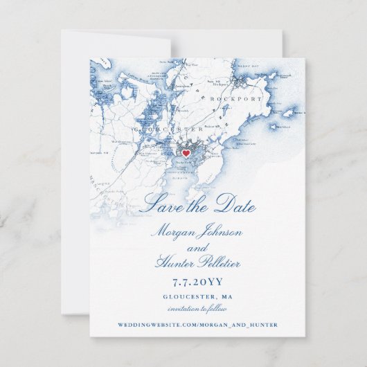 Gloucester MA Elegant Navy Bruiloft Save The Date (Voorkant)