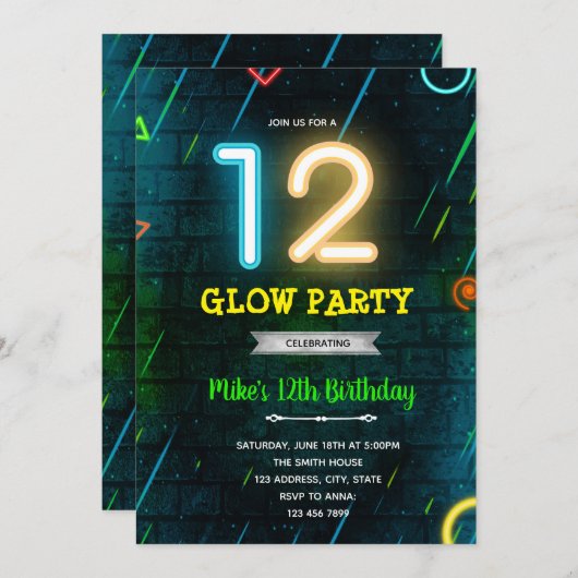 Glow 12-partijuitnodiging kaart (Voorkant / Achterkant)
